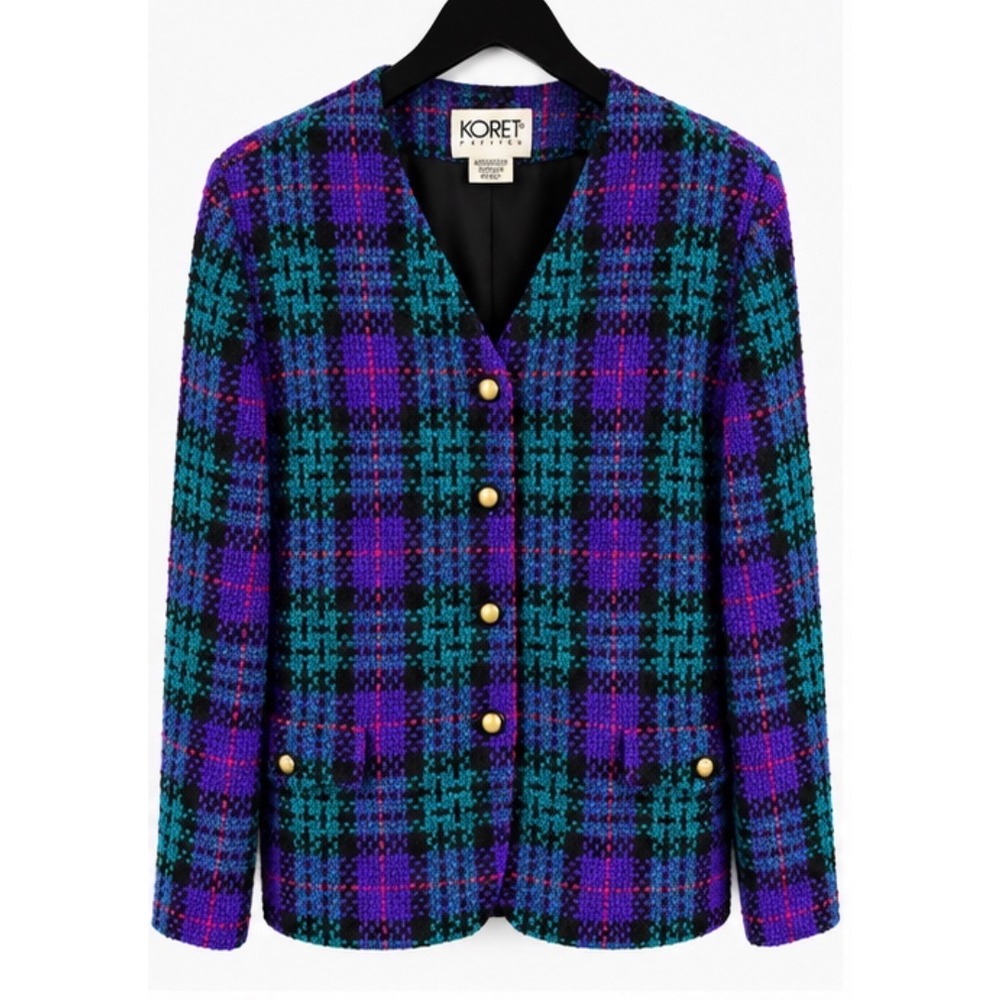 Koret Petites Vintage Plaid Blazer Jacket Purple Teal Gold Button Size 12P 2337
